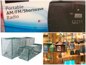 Portable radio, live traps, wind chimes