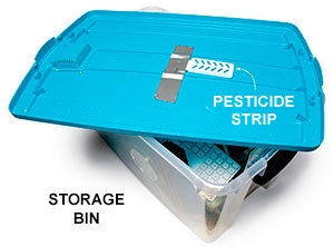 Pesticide strip in storage bin